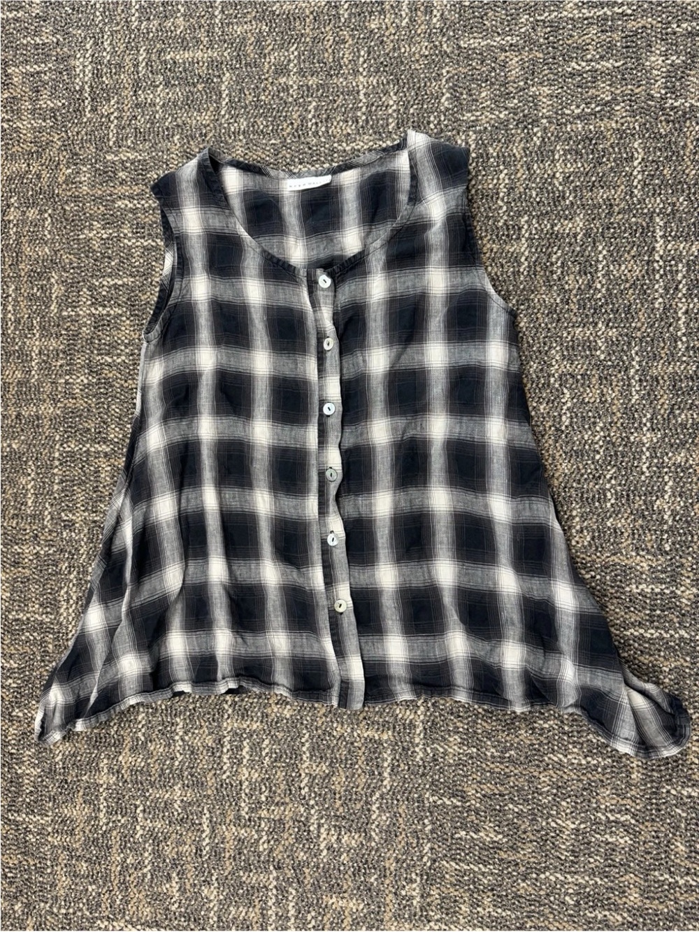 Lagenlook Bryn Walker Linen Plaid Swing Tunic Top Coastal Grandma Black White M